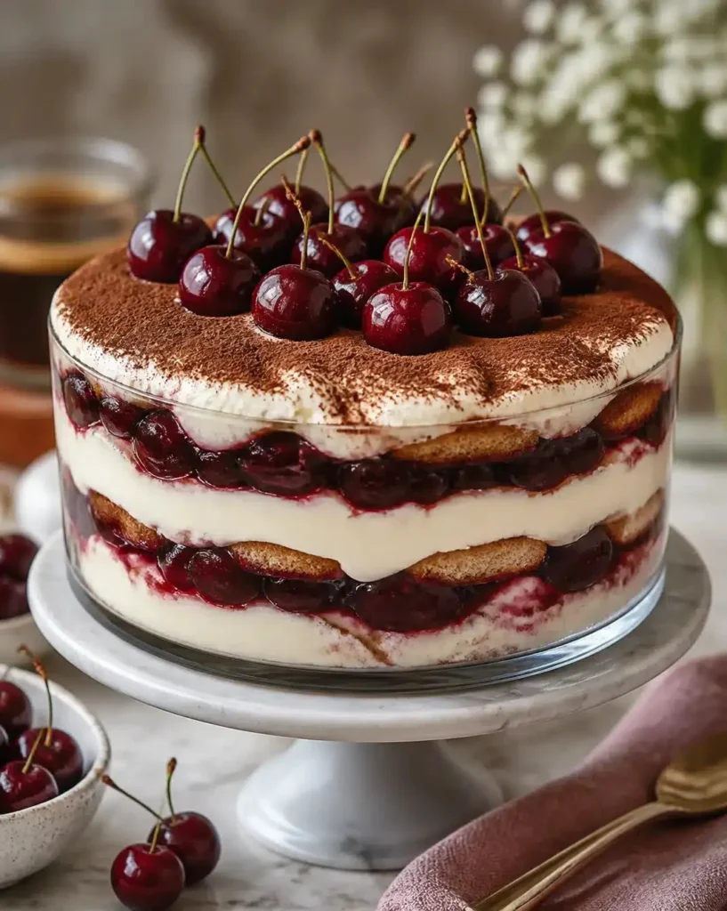 Delicious tiramisu dessert layered with cherry and amaretto flavors.