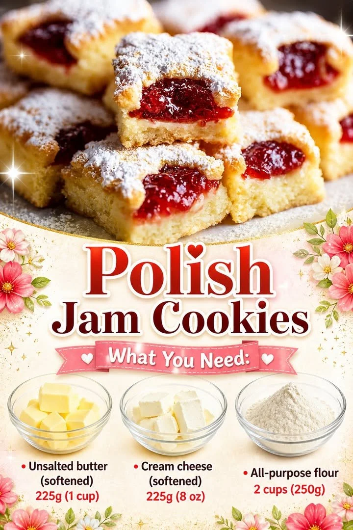 Traditional Kolaczki Polish jam cookies on a plate with powdered sugar.