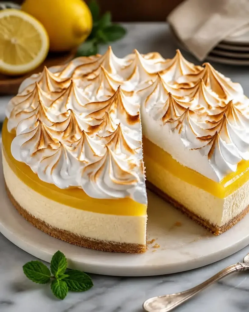 Triple Lemon Meringue Cheesecake topped with meringue and lemon zest.