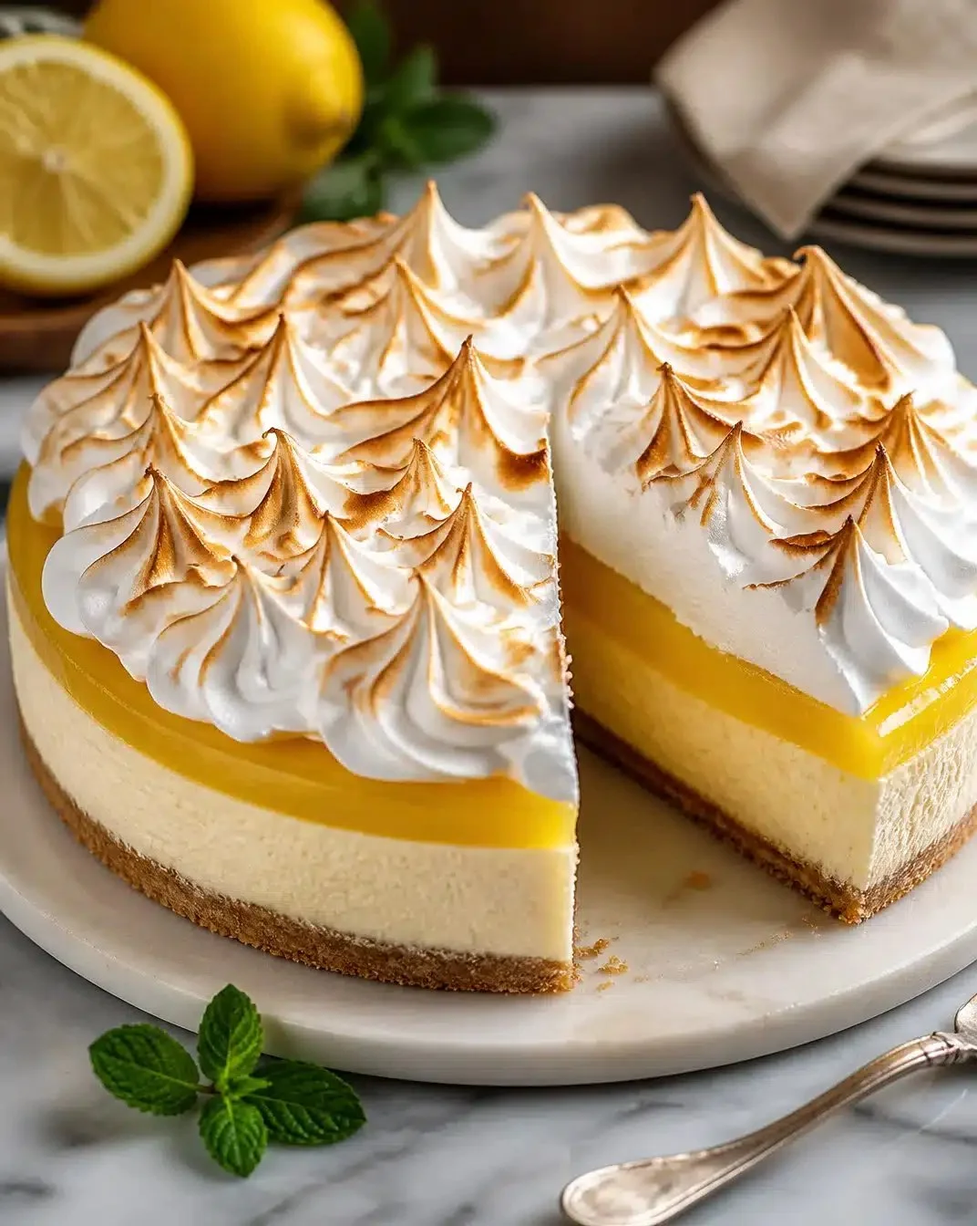 Triple Lemon Meringue Cheesecake topped with meringue and lemon zest.