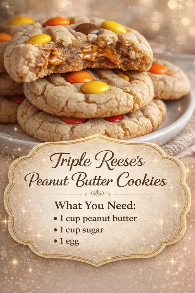Triple Reese's Peanut Butter Cookies stacked on a plate