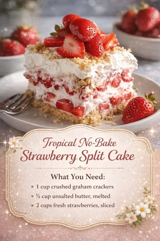 Tropical No-Bake Strawberry Split Cake topped with fresh strawberries and whipped cream