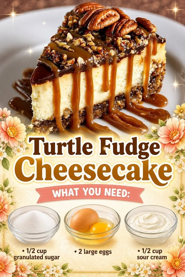 Turtle Fudge Cheesecake 1 Delicious Turtle Fudge Cheesecake topped with caramel and pecans
