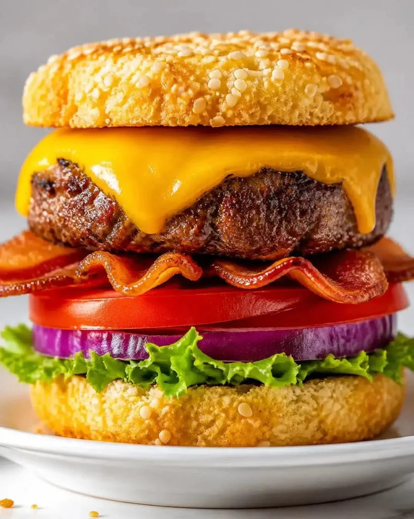 Delicious juicy hamburgers with fresh toppings and grill marks.
