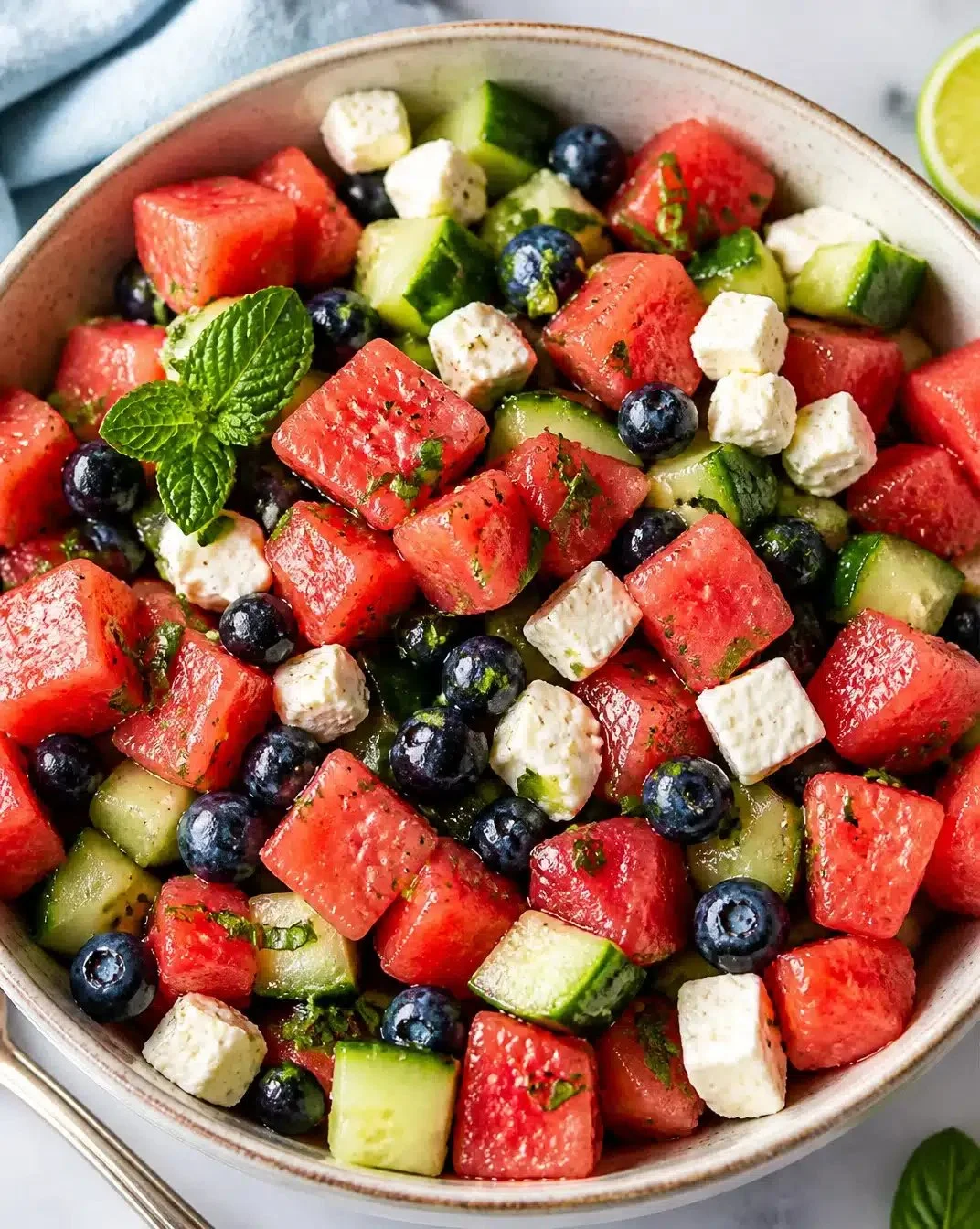 Fresh watermelon salad with feta cheese and mint leaves served in a bowl