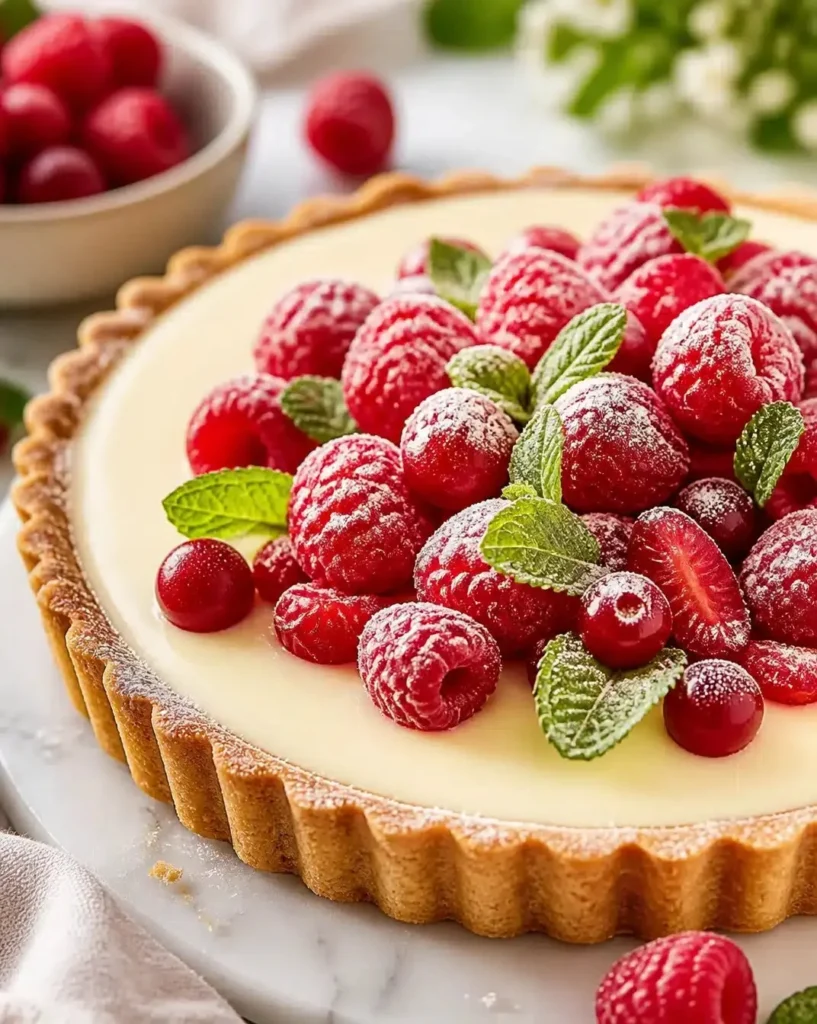 Delicious white chocolate mousse tart topped with fresh berries.