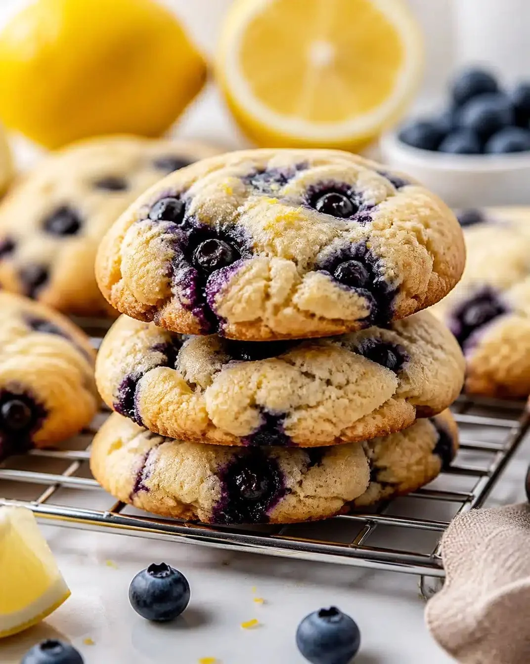 Zesty Lemon Blueberry Cheesecake Cookies 1 Freshly baked lemon blueberry cheesecake cookies on a plate