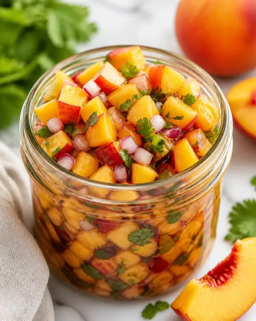 Bowl of Zesty Peach Salsa with fresh ingredients